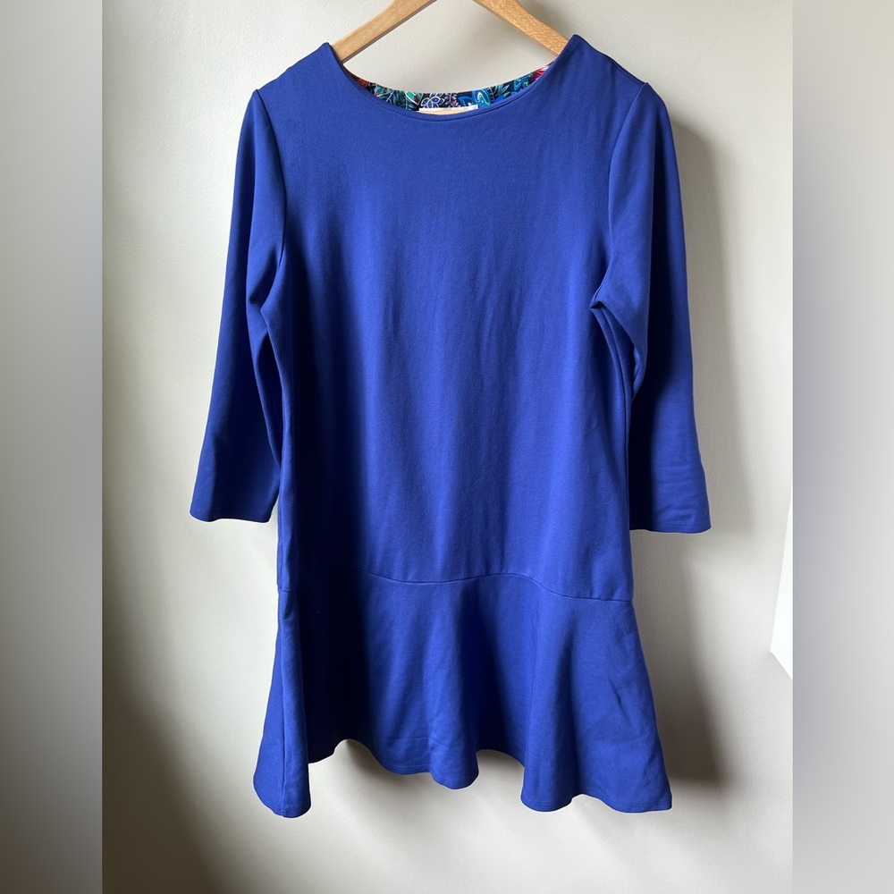 JUDE CONNALLY Lara Drop Waist Ponte Dress‎ Ruffle Blue USA Stretch Comfy L
